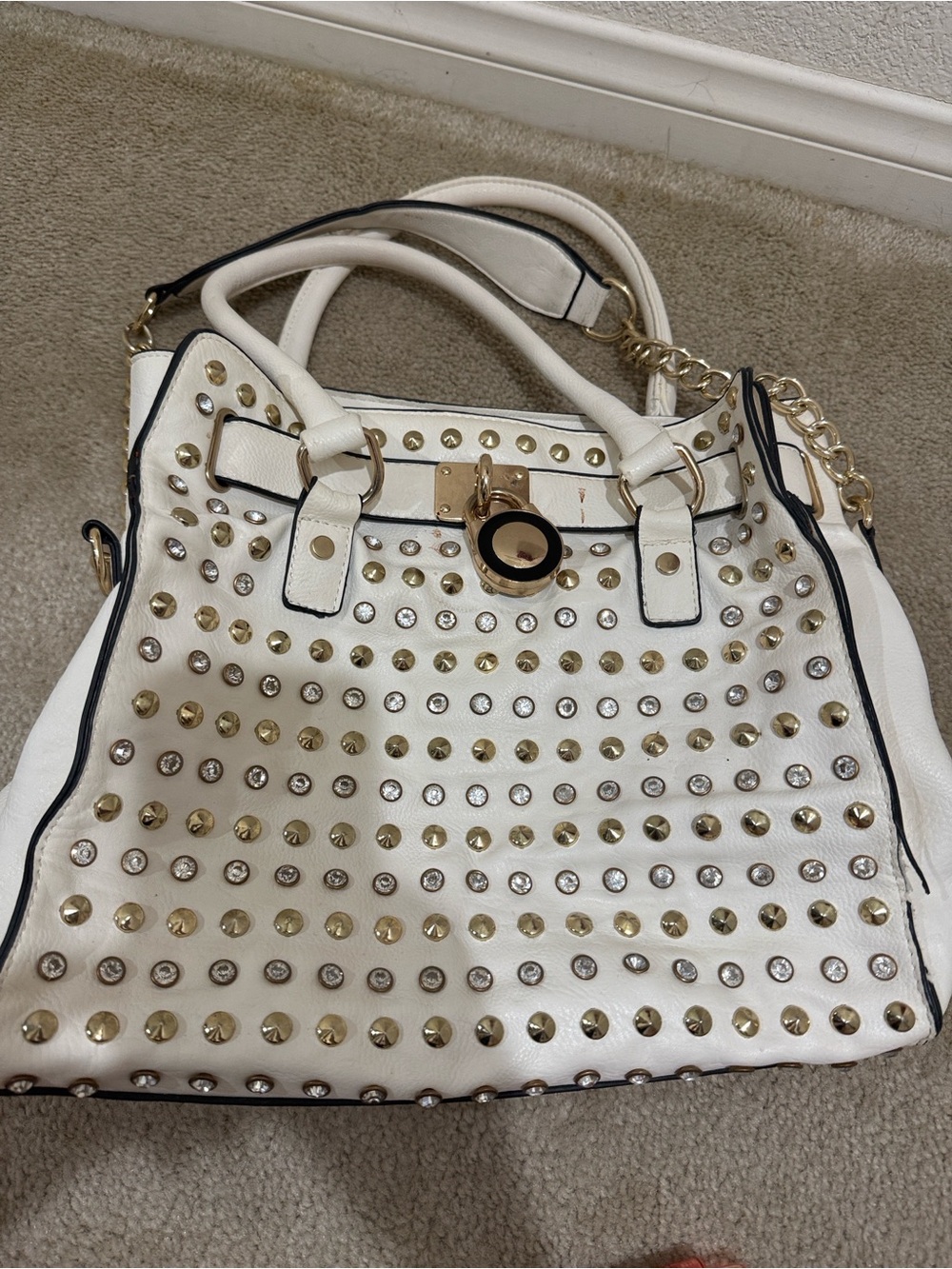 White Studded Vintage Tote with Mixed Metal Accents